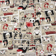 Tissu de coton façon lin motif MANGA japonais, tons rouges et blancs - OEKO-TEX® - tissuspipi.com