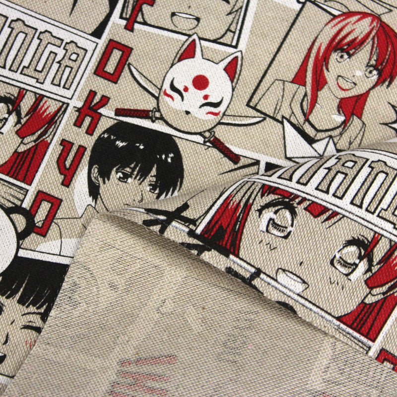 Tissu de coton façon lin motif MANGA japonais, tons rouges et blancs - OEKO-TEX® - tissuspipi.com