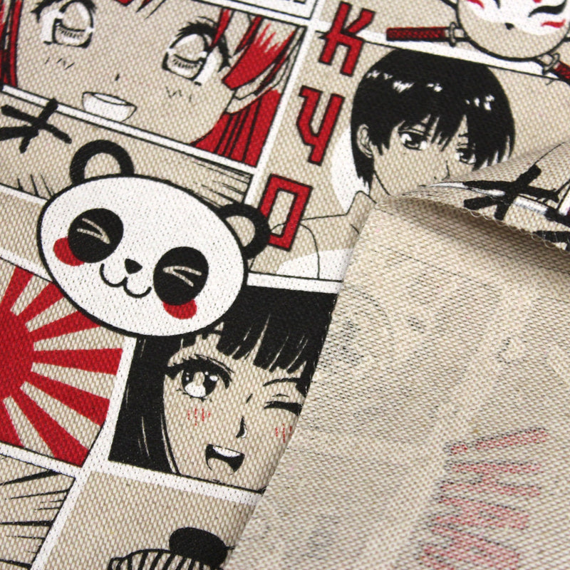 Tissu de coton façon lin motif MANGA japonais, tons rouges et blancs - OEKO-TEX® - tissuspipi.com