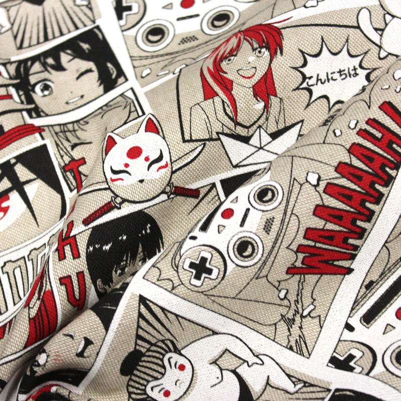 Tissu de coton façon lin motif MANGA japonais, tons rouges et blancs - OEKO-TEX® - tissuspipi.com