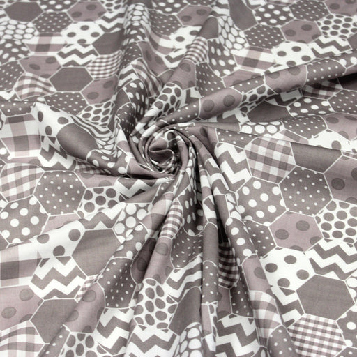 Tissu popeline de coton aux hexagones à pois, à carreaux, tons taupes & blancs - tissuspipi.com