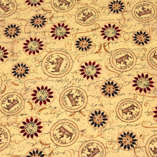 Tissu popeline de coton LE SCEAU DU ROI DE FRANCE, sceaux, couronnes et fleurs, tons jaune blés - tissuspipi.com