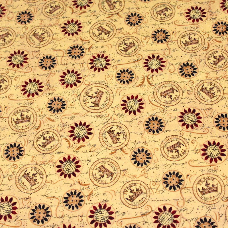 Tissu popeline de coton LE SCEAU DU ROI DE FRANCE, sceaux, couronnes et fleurs, tons jaune blés - tissuspipi.com