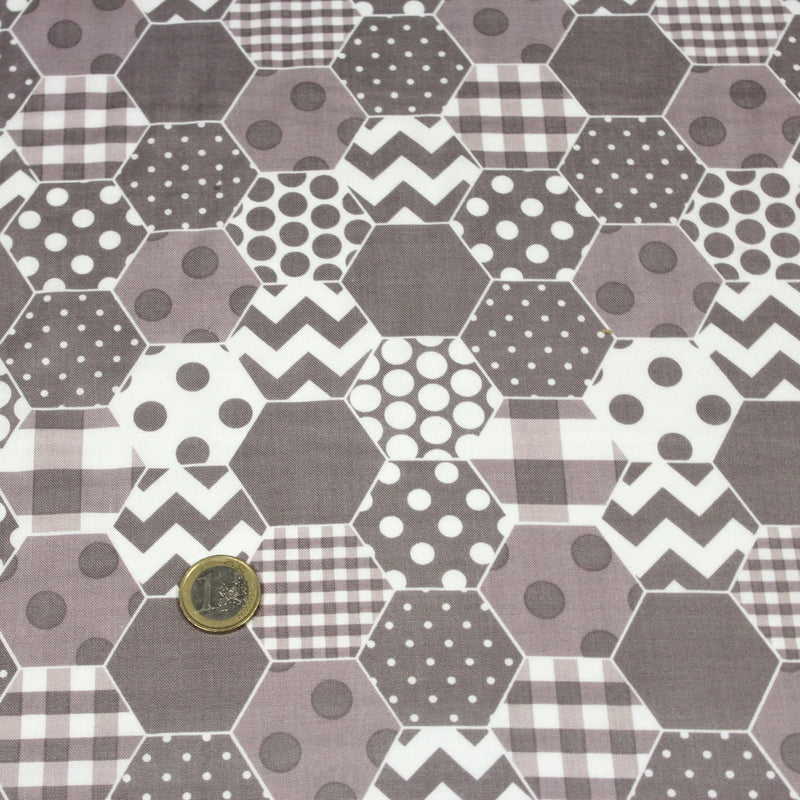 Tissu popeline de coton aux hexagones à pois, à carreaux, tons taupes & blancs - tissuspipi.com