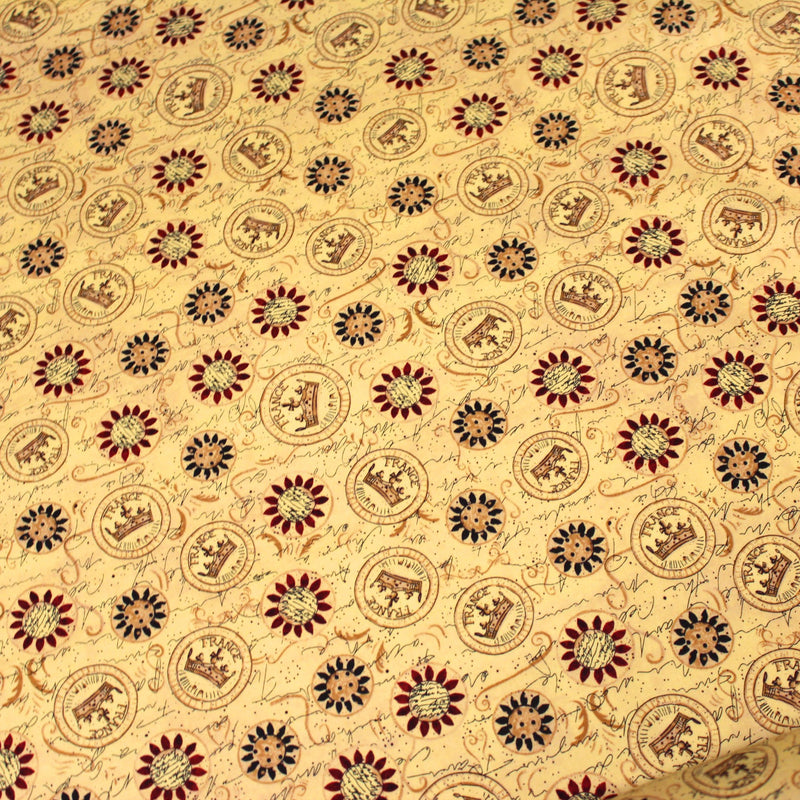 Tissu popeline de coton LE SCEAU DU ROI DE FRANCE, sceaux, couronnes et fleurs, tons jaune blés - tissuspipi.com