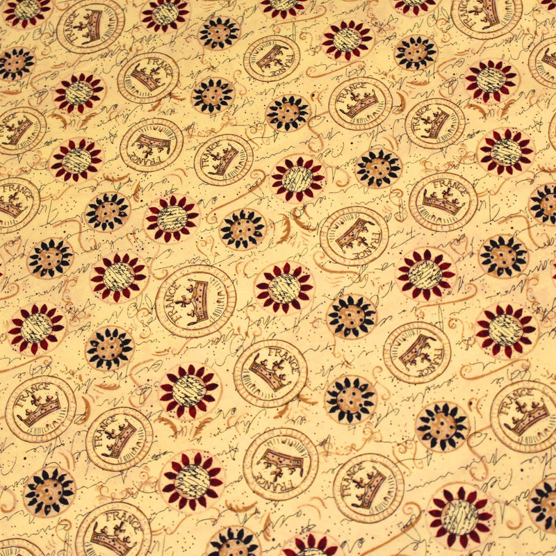 Tissu popeline de coton LE SCEAU DU ROI DE FRANCE, sceaux, couronnes et fleurs, tons jaune blés - tissuspipi.com