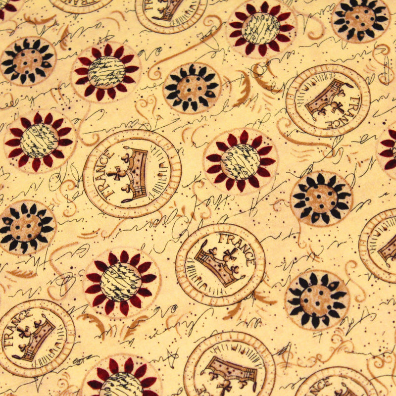 Tissu popeline de coton LE SCEAU DU ROI DE FRANCE, sceaux, couronnes et fleurs, tons jaune blés - tissuspipi.com