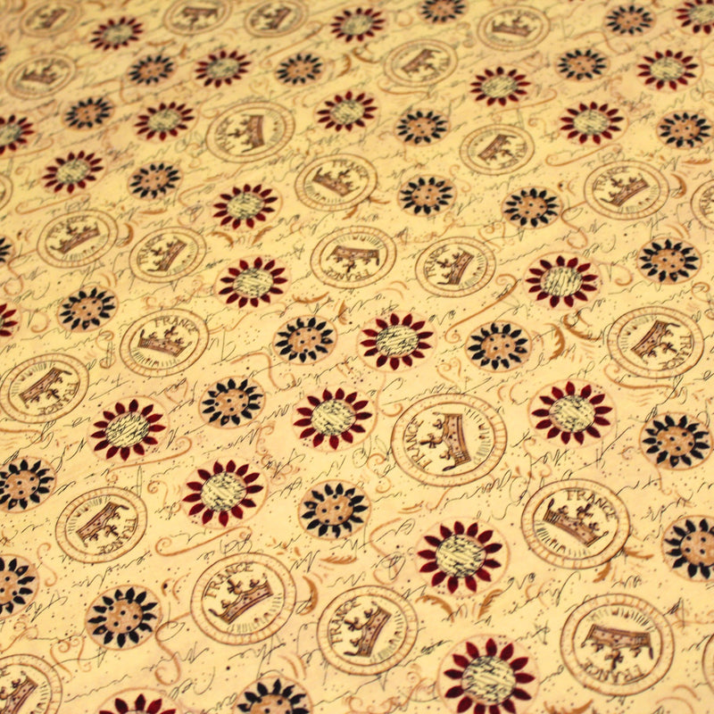 Tissu popeline de coton LE SCEAU DU ROI DE FRANCE, sceaux, couronnes et fleurs, tons jaune blés - tissuspipi.com