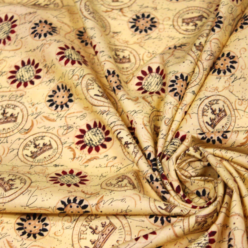 Tissu popeline de coton LE SCEAU DU ROI DE FRANCE, sceaux, couronnes et fleurs, tons jaune blés - tissuspipi.com