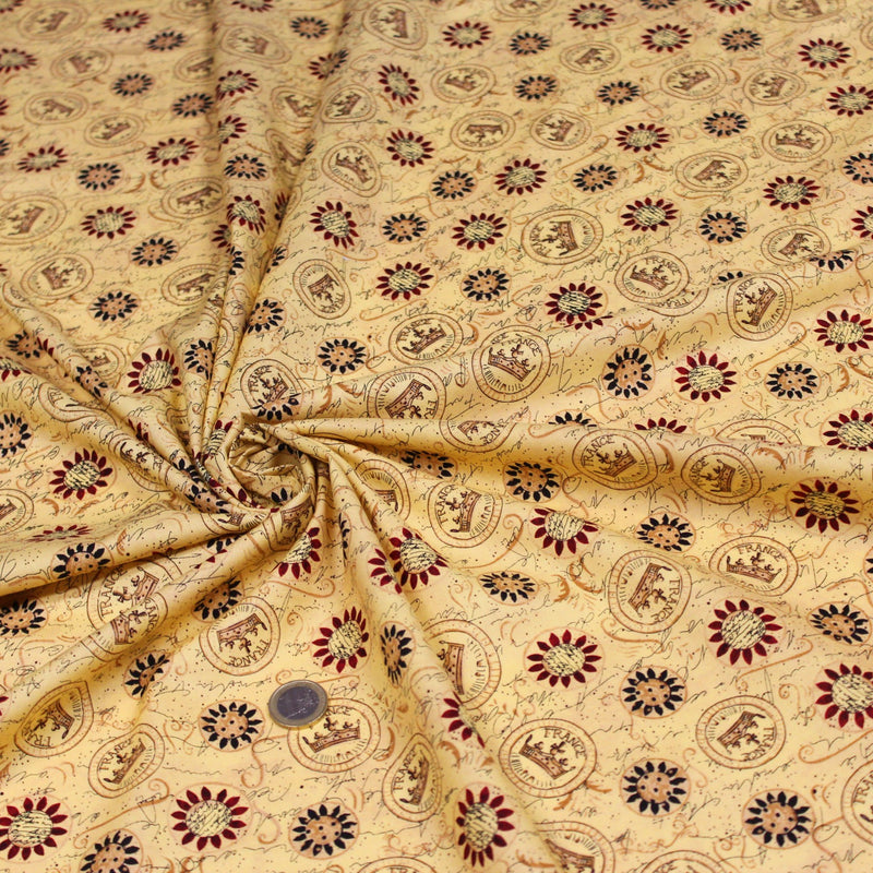 Tissu popeline de coton LE SCEAU DU ROI DE FRANCE, sceaux, couronnes et fleurs, tons jaune blés - tissuspipi.com