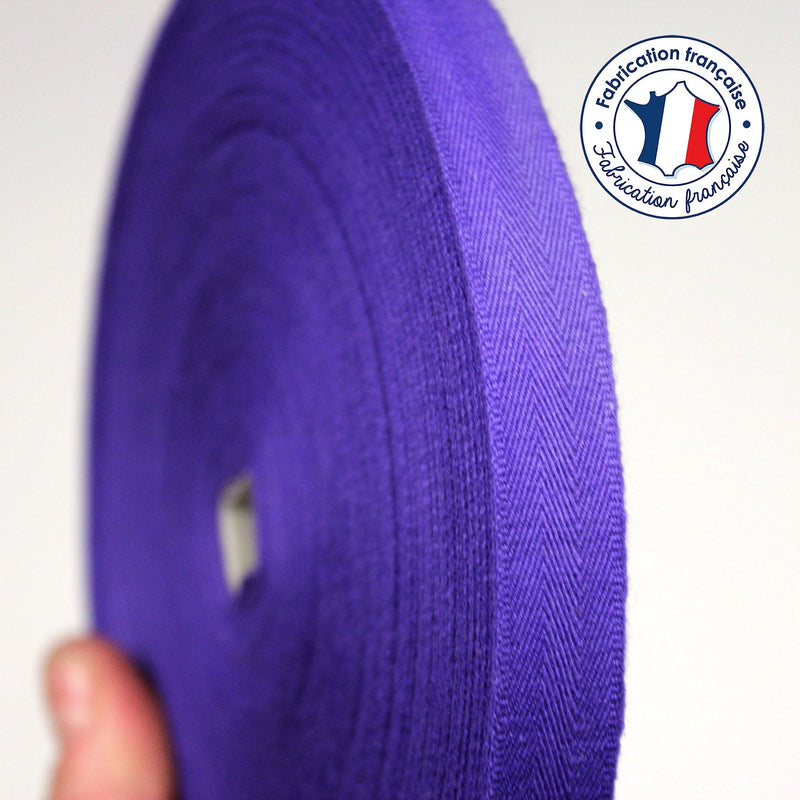Ruban sergé de coton violet 15mm - Galette de 50 mètres - Fabrication française - tissuspipi.com