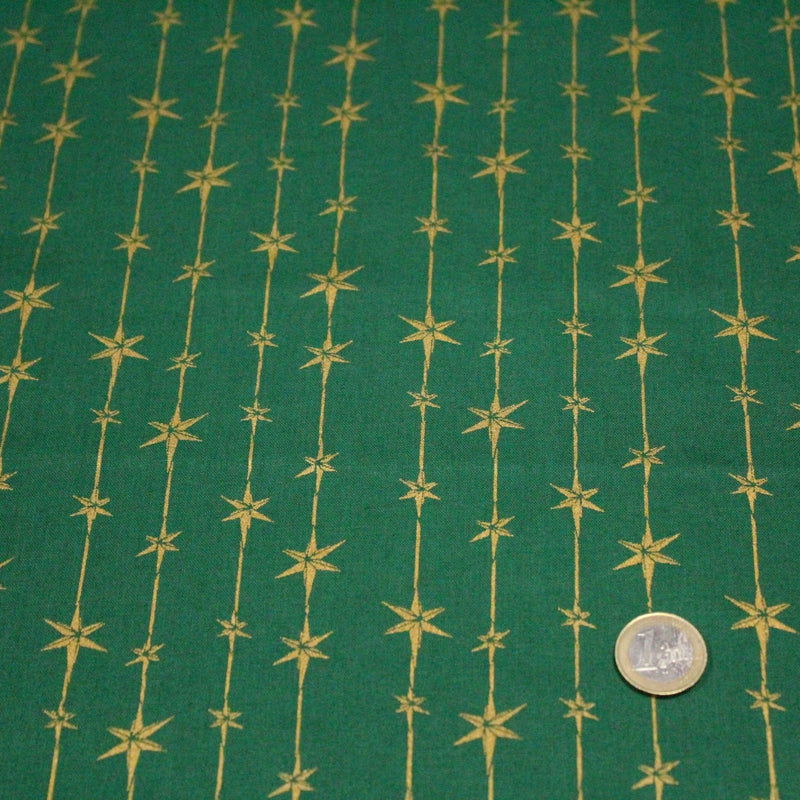 Tissu de coton de Noël aux étoiles & liserés dorés, fond vert - tissuspipi.com