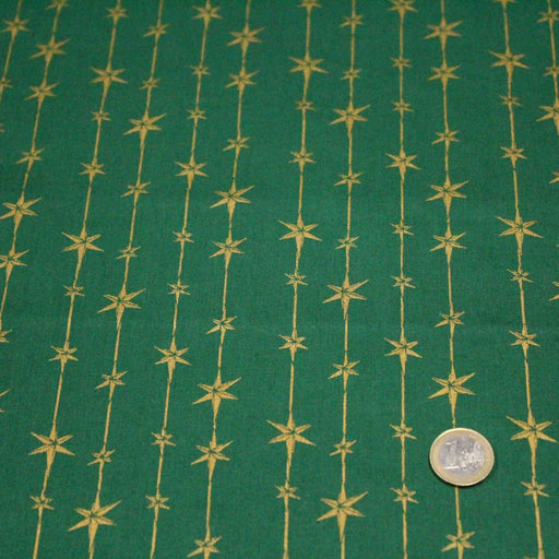 Tissu de coton de Noël aux étoiles & liserés dorés, fond vert - tissuspipi.com