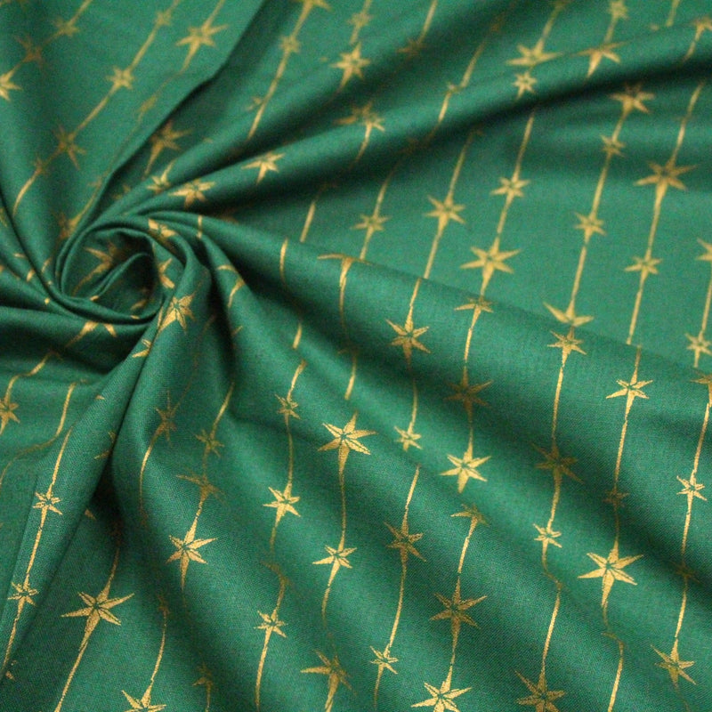 Tissu de coton de Noël aux étoiles & liserés dorés, fond vert - tissuspipi.com