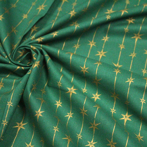 Tissu de coton de Noël aux étoiles & liserés dorés, fond vert - tissuspipi.com