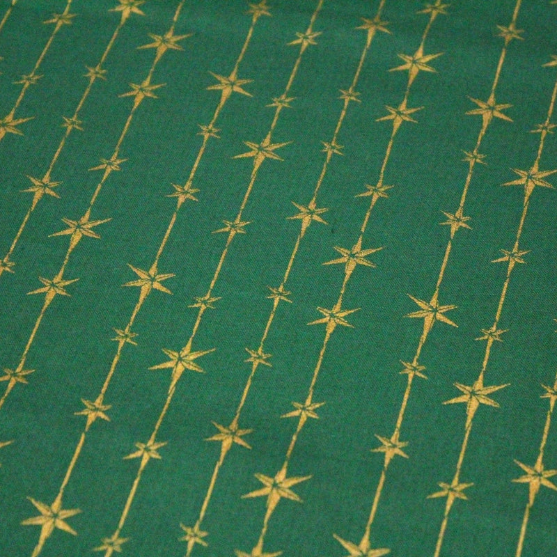 Tissu de coton de Noël aux étoiles & liserés dorés, fond vert - tissuspipi.com