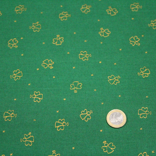 Tissu de coton de Noël aux anges dorés, fond vert - tissuspipi.com