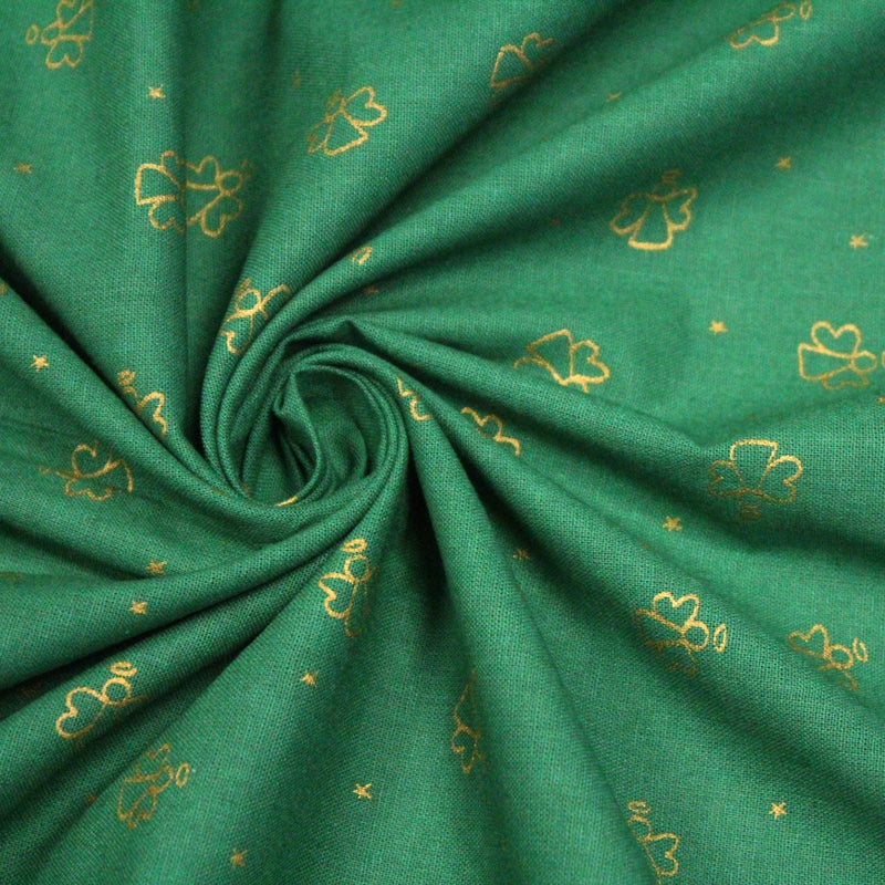 Tissu de coton de Noël aux anges dorés, fond vert - tissuspipi.com