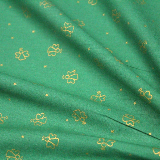 Tissu de coton de Noël aux anges dorés, fond vert - tissuspipi.com
